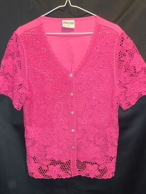 ACEZUNG RETRO Women’s Hot Pink Crochet Button-Front Top - Size 12